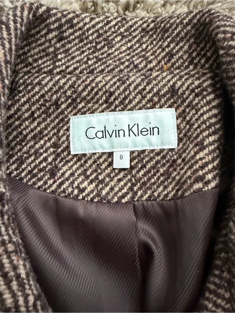 Calvin Klein Brown Tweed Double-Breasted Belted Peacoat